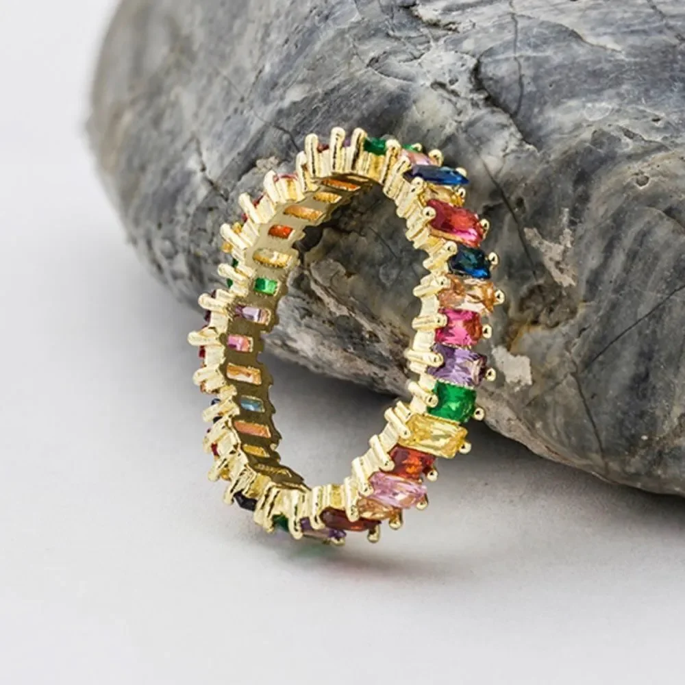 Rainbow Crystal Crooked Baguette Eternity Band Ring NWT